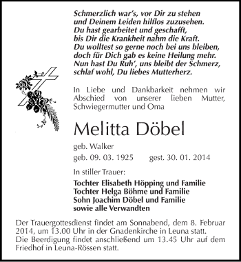 Traueranzeige von Melitta Döbel von Mitteldeutsche Zeitung Merseburg/Querfurt