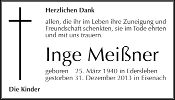 Traueranzeige von Inge Meißner von Mitteldeutsche Zeitung Sangerhausen