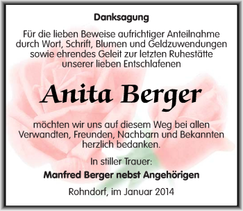 Traueranzeige von Anita Berger von Mitteldeutsche Zeitung Köthen