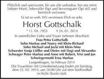 Traueranzeige von Horst Gottschalk von Mitteldeutsche Zeitung Halle/Saalkreis