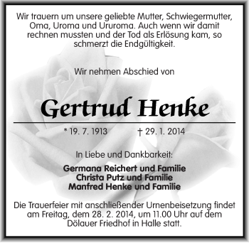 Traueranzeige von Gertrud Henke von Mitteldeutsche Zeitung Halle/Saalkreis