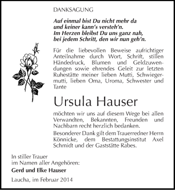 Traueranzeige von Ursula Hauser von Mitteldeutsche Zeitung Naumburg/Nebra