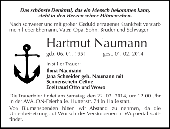 Traueranzeige von Hartmut Naumann von Mitteldeutsche Zeitung Halle/Saalkreis