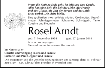 Traueranzeige von Rosel Arndt von Mitteldeutsche Zeitung Aschersleben