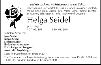 Traueranzeige von Helga Seidel von Mitteldeutsche Zeitung Mansfelder Land
