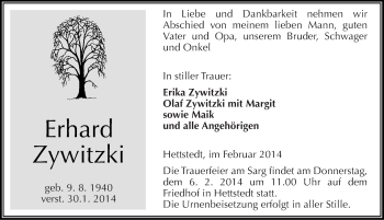 Traueranzeige von Erhard Zywitzki von Mitteldeutsche Zeitung Mansfelder Land