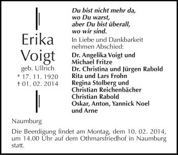 Traueranzeige von Erika Voigt von Mitteldeutsche Zeitung Naumburg/Nebra