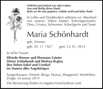 Traueranzeige von Maria Schönhardt von Mitteldeutsche Zeitung Sangerhausen