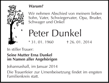 Traueranzeige von Peter Dunkel von Mitteldeutsche Zeitung Halle/Saalkreis