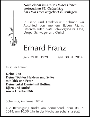 Traueranzeige von Erhard Franz von Mitteldeutsche Zeitung Naumburg/Nebra
