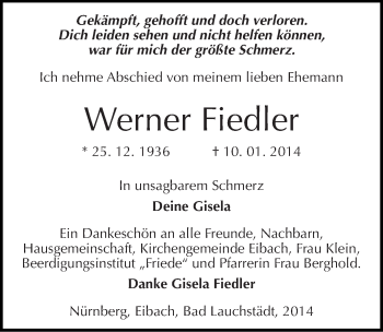 Traueranzeige von Werner Fiedler von Mitteldeutsche Zeitung Merseburg/Querfurt