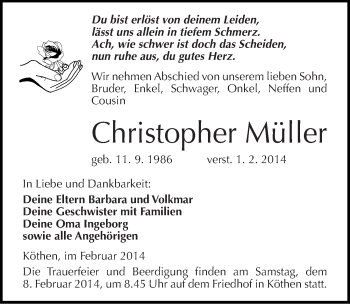 Traueranzeige von Christopher Müller von Mitteldeutsche Zeitung Köthen