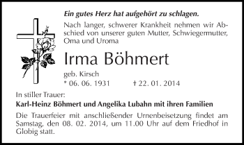 Traueranzeige von Irma Böhmert von Mitteldeutsche Zeitung Wittenberg