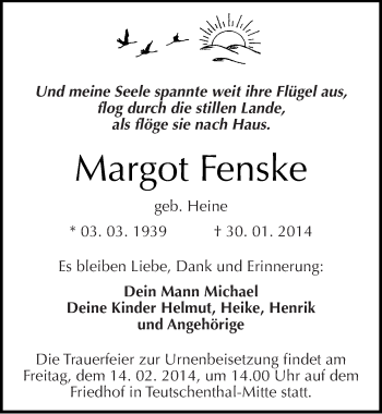 Traueranzeige von Margot Fenske von Mitteldeutsche Zeitung Halle/Saalkreis