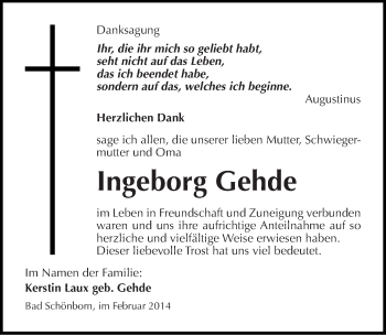 Traueranzeige von Ingeborg Gehde von Mitteldeutsche Zeitung Halle/Saalkreis