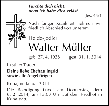 Traueranzeige von Walter Müller von Mitteldeutsche Zeitung Wittenberg