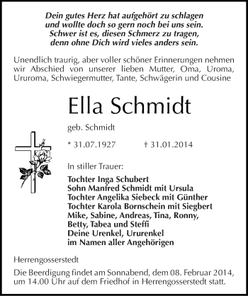 Traueranzeige von Ella Schmidt von Mitteldeutsche Zeitung Naumburg/Nebra