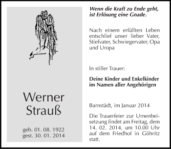 Traueranzeige von Werner Strauß von Mitteldeutsche Zeitung Merseburg/Querfurt