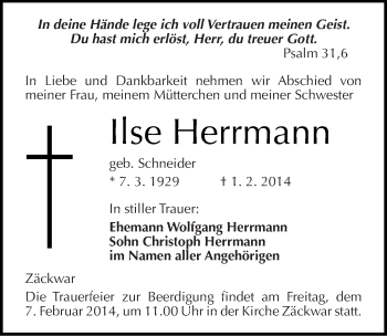 Traueranzeige von Ilse Herrmann von Mitteldeutsche Zeitung Naumburg/Nebra