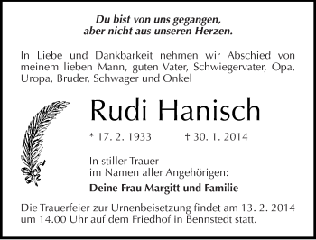 Traueranzeige von Rudi Hanisch von Mitteldeutsche Zeitung Halle/Saalkreis