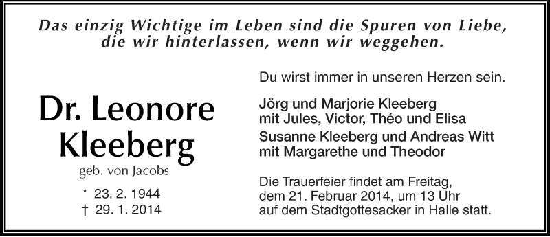  Traueranzeige für Leonore Kleeberg vom 05.02.2014 aus Mitteldeutsche Zeitung Halle/Saalkreis