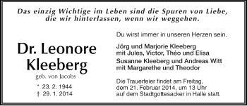 Traueranzeige von Leonore Kleeberg von Mitteldeutsche Zeitung Halle/Saalkreis