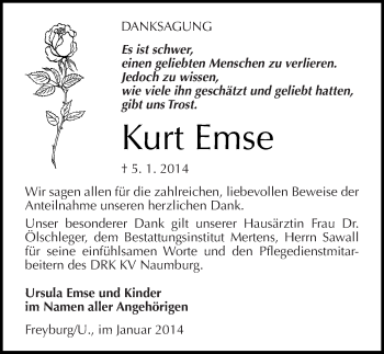 Traueranzeige von Kurt Emse von Mitteldeutsche Zeitung Naumburg/Nebra