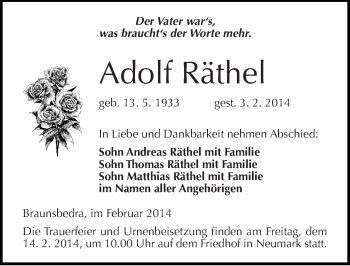 Traueranzeige von Adolf Räthel von Mitteldeutsche Zeitung Merseburg/Querfurt