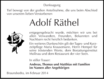 Traueranzeige von Adolf Räthel von Mitteldeutsche Zeitung Merseburg/Querfurt