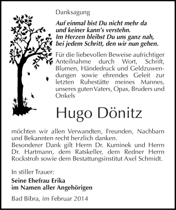 Traueranzeige von Hugo Dönitz von Mitteldeutsche Zeitung Naumburg/Nebra