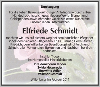 Traueranzeige von Elfriede Schmidt von Mitteldeutsche Zeitung Wittenberg