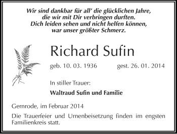 Traueranzeige von Richard Sufin von Mitteldeutsche Zeitung Quedlinburg