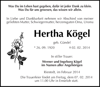 Traueranzeige von Hertha Kögel von Mitteldeutsche Zeitung Sangerhausen
