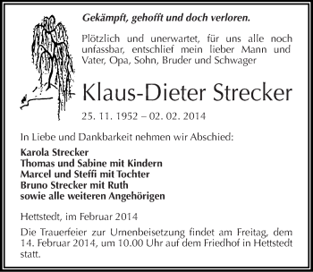 Traueranzeige von Klaus-Dieter Strecker von Mitteldeutsche Zeitung Mansfelder Land