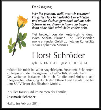 Traueranzeige von Horst Schröder von Mitteldeutsche Zeitung Halle/Saalkreis