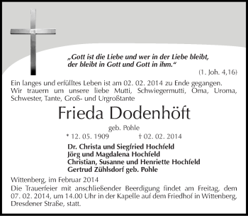 Traueranzeige von Frieda Dodenhöft von Mitteldeutsche Zeitung Wittenberg