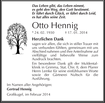 Traueranzeige von Otto Hennig von Mitteldeutsche Zeitung Halle/Saalkreis