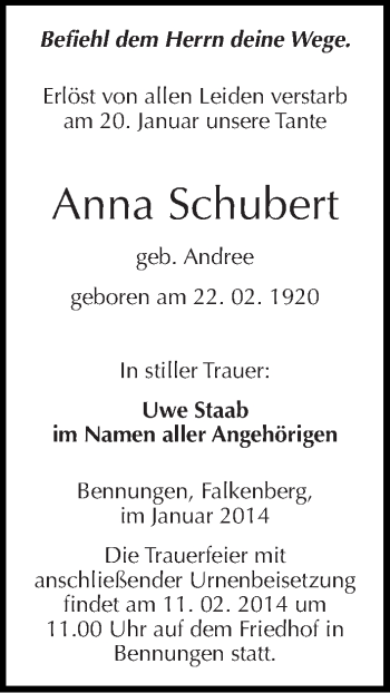 Traueranzeige von Anna Schubert von Mitteldeutsche Zeitung Sangerhausen