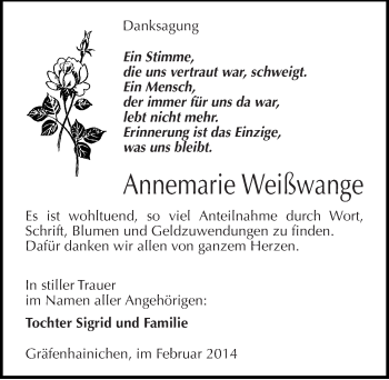 Traueranzeige von Annemarie Weißwange von Mitteldeutsche Zeitung Wittenberg