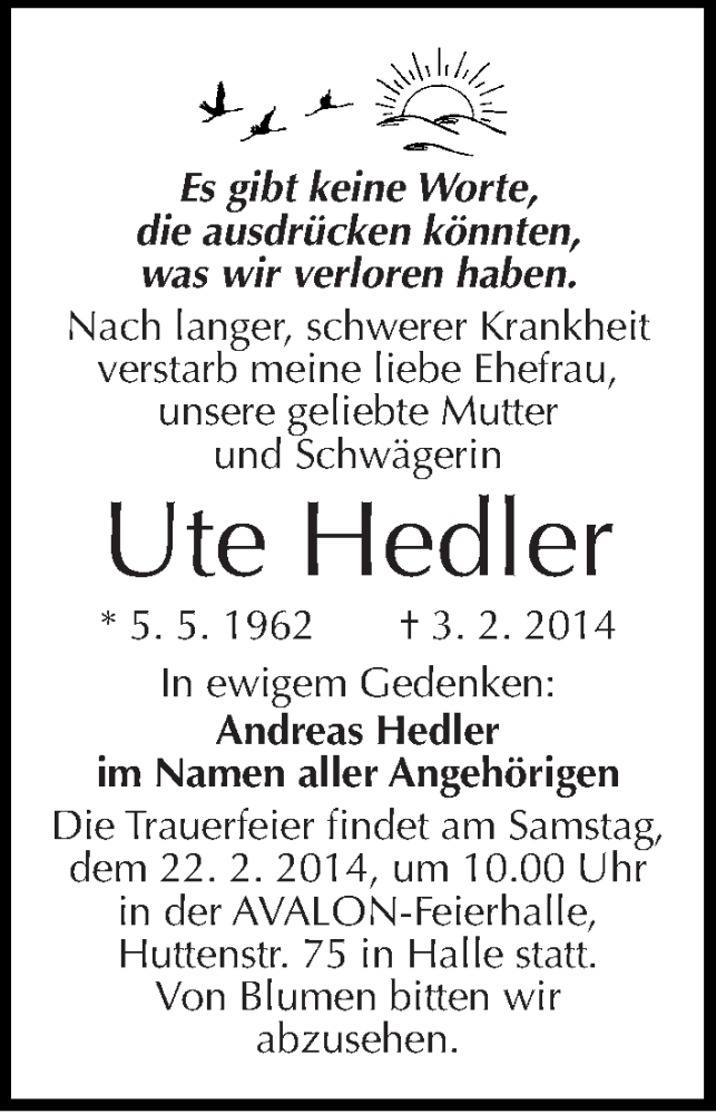  Traueranzeige für Ute Hedler vom 15.02.2014 aus Mitteldeutsche Zeitung Halle/Saalkreis