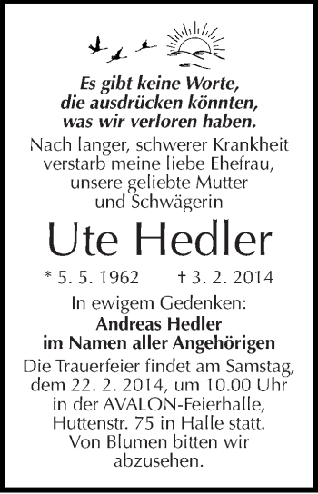 Traueranzeige von Ute Hedler von Mitteldeutsche Zeitung Halle/Saalkreis