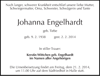 Traueranzeige von Johanna Engelhardt von Mitteldeutsche Zeitung Halle/Saalkreis