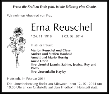 Traueranzeige von Erna Reuschel von Mitteldeutsche Zeitung Mansfelder Land