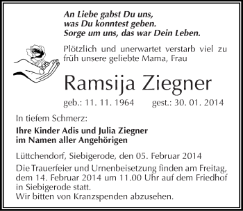 Traueranzeige von Ramsija Ziegner von Mitteldeutsche Zeitung Mansfelder Land