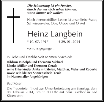 Traueranzeige von Heinz Langbein von Mitteldeutsche Zeitung Naumburg/Nebra