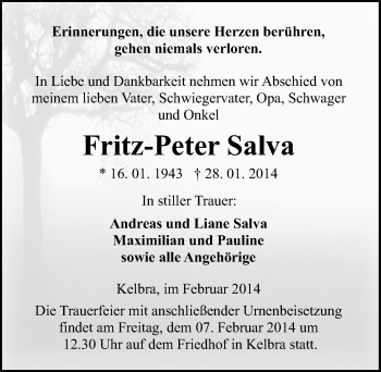 Traueranzeige von Fritz-Peter Salva von Mitteldeutsche Zeitung Sangerhausen