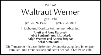 Traueranzeige von Waltraut Werner von Mitteldeutsche Zeitung Halle/Saalkreis