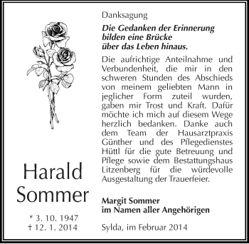 Traueranzeige von Harald Sommer von Mitteldeutsche Zeitung Mansfelder Land