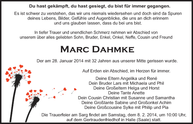  Traueranzeige für Marc Dahmke vom 05.02.2014 aus Mitteldeutsche Zeitung Halle/Saalkreis
