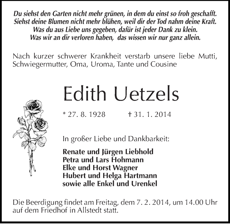  Traueranzeige für Edith Uetzels vom 05.02.2014 aus Mitteldeutsche Zeitung Sangerhausen
